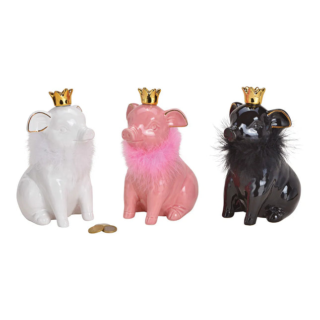 Krājkasīte Karaliskā cūciņa ar zelta kroni un dekoratīvu apkakli – balta / rozā / melna (3 varianti)