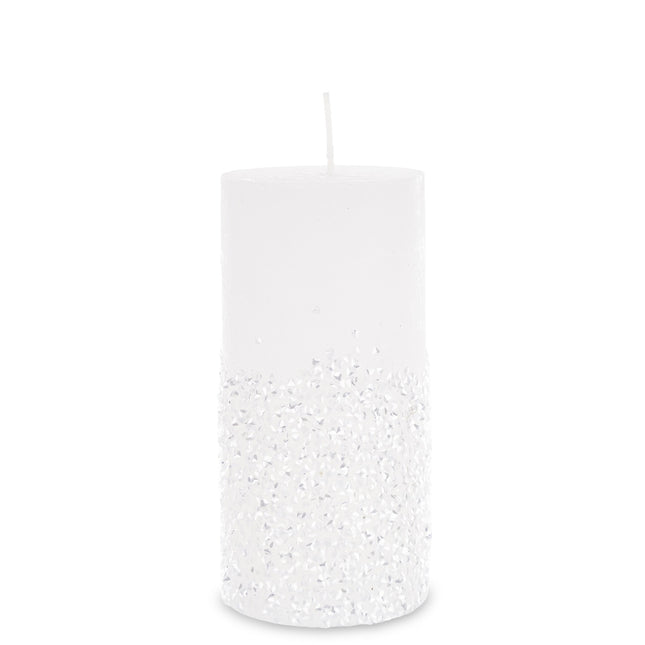 Cilindra svece ar dekoratīviem akmentiņiem Balta, rozā vai melna
