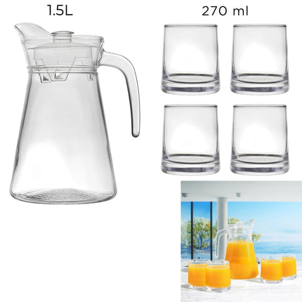 Stikla karafe ar 4 glāzēm – 1,5 l komplekts