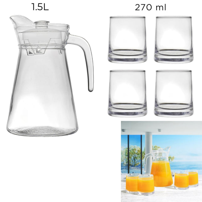 Stikla karafe ar 4 glāzēm – 1,5 l komplekts