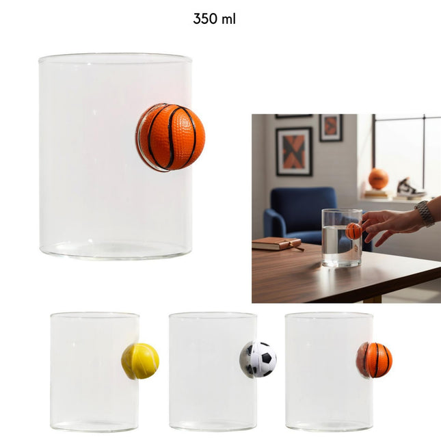 Stikla glāze ar 3D sporta bumbu – 350 ml, 3 dizaini