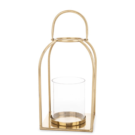Zelta metāla laterna ar stikla cilindru – elegants sveču turētājs / dekors (34 cm)