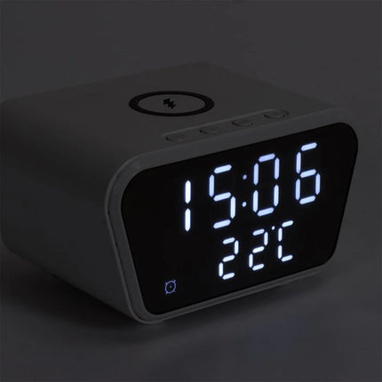 Digital alarm clock with 10W wireless charging, thermometer and calendar