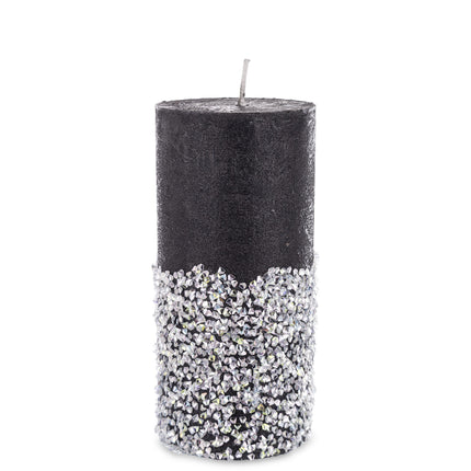 Cilindra svece ar dekoratīviem akmentiņiem Balta, rozā vai melna