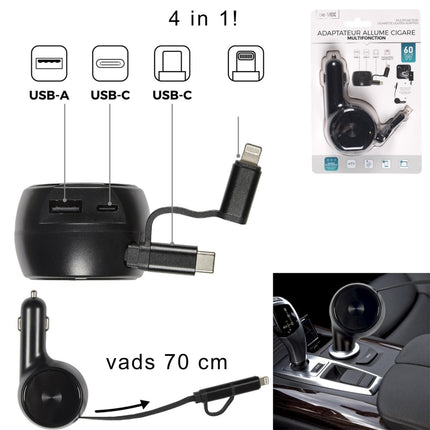 Auto lādētājs ar izvelkamu kabeli 4-in-1 (60W) | USB-C, USB-A,