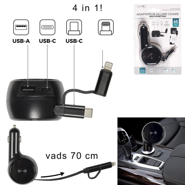Auto lādētājs ar izvelkamu kabeli 4-in-1 (60W) | USB-C, USB-A,
