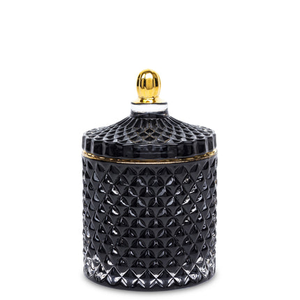 Dekoratīva stikla trauks ar vāku – melns ar zelta detaļām