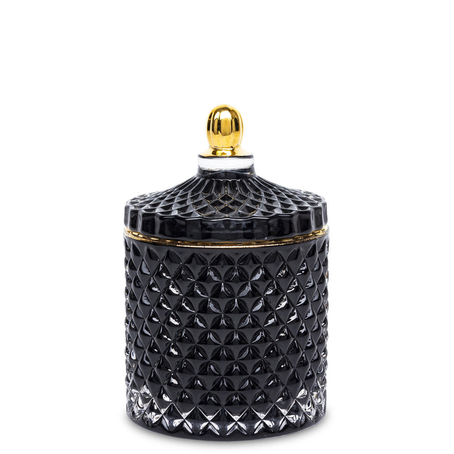 Dekoratīva stikla trauks ar vāku – melns ar zelta detaļām