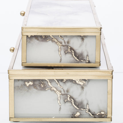 Stikla rotu kastīšu komplekts ar zelta metāla rāmi un samta iekšpusi (2 izmēri)