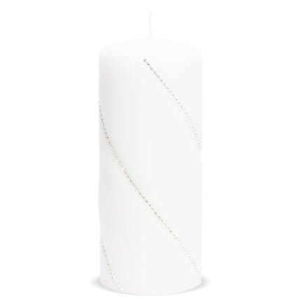 Cilindra svece– balta ar kristāliņiem, Pieejams divos izmēros
