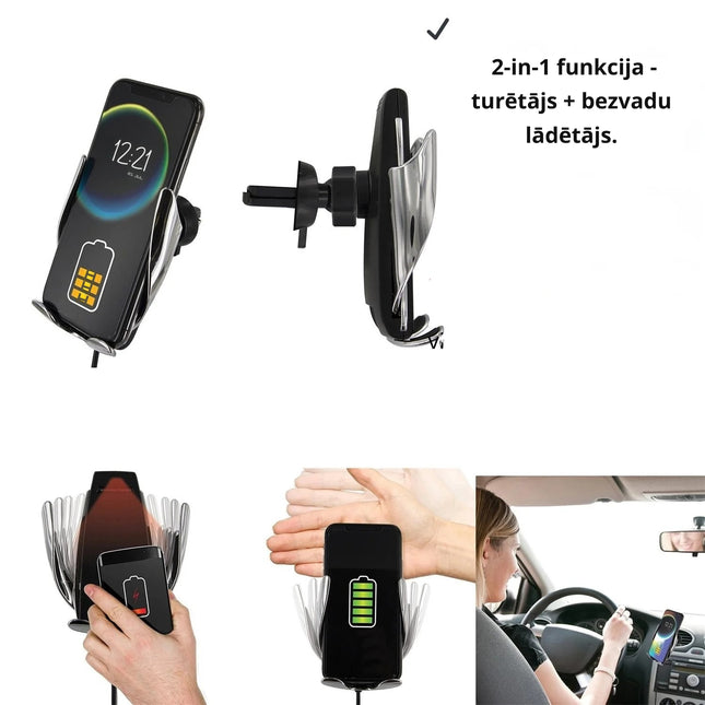 2-in-1 Bezvadu auto telefona turētājs ar automātisku fiksāciju (bezvada lādēšana)