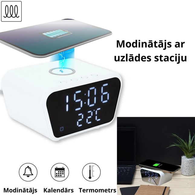 Modinātājs ar 10W Bezvadu Uzlādi, Temperatūras Displeju un Kalendāru