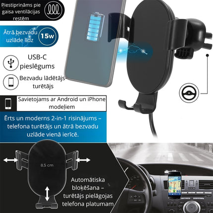 Bezvadu auto telefona turētājs ar ātro uzlādi (15W)