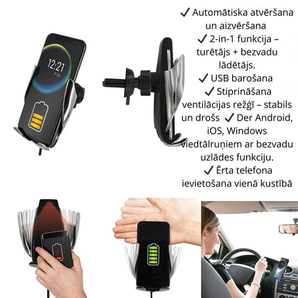 2-in-1 Bezvadu auto telefona turētājs ar automātisku fiksāciju (bezvada lādēšana)