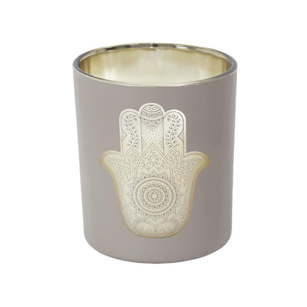 Aromātiskā svece stikla traukā ar zelta Hamsas simbolu