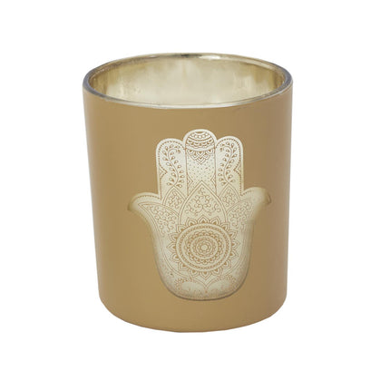 Aromātiskā svece stikla traukā ar zelta Hamsas simbolu