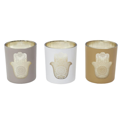 Aromātiskā svece stikla traukā ar zelta Hamsas simbolu