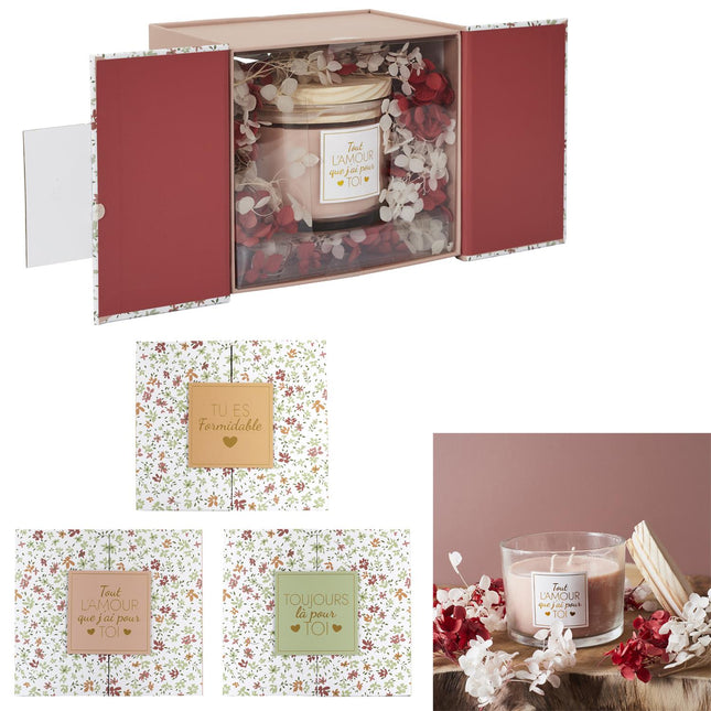 Aromātiskās sveces dāvanu komplekts “Tout l’Amour” – ar ziedu dekoru un koka vāciņu