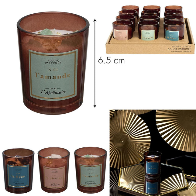 Mini aromātiskā svece ar dekoratīviem akmentiņiem “L’Apothicaire” – 6.5 cm (vairāki aromāti)