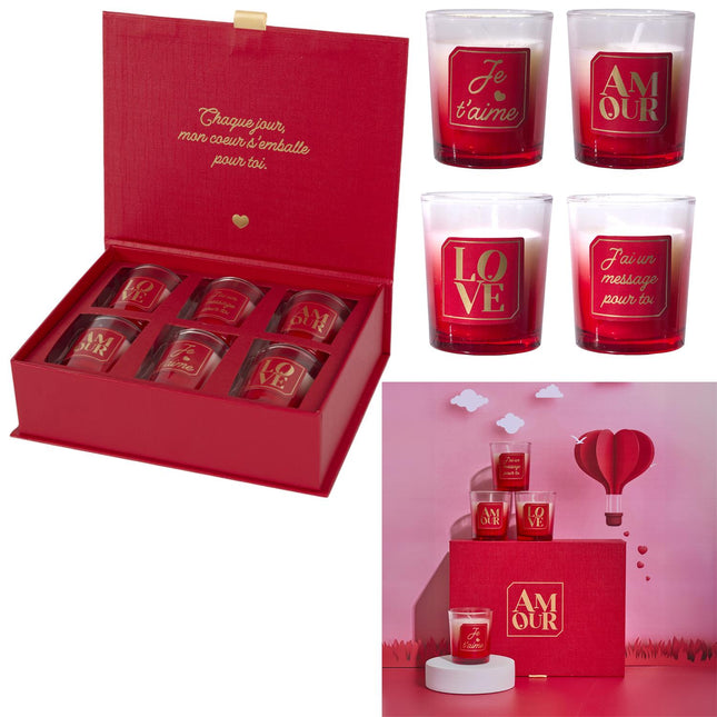 Romantisku aromātisko sveču komplekts “AMOUR” – dāvanu kaste ar mīlestības vēstījumiem