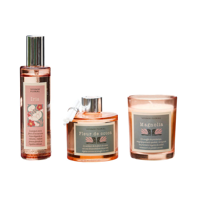 Dāvanu komplekts “Voyage Floral – FLOWERS”  Aromātiskais sprejs + difuzors + svece