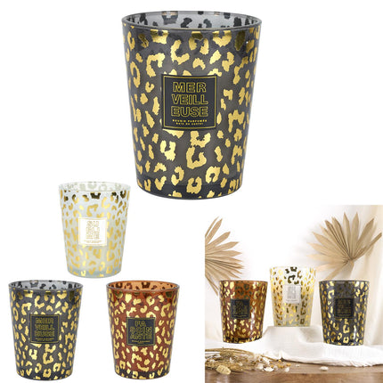 Aromātiskā svece “Leopard” stikla vāzē 16 cm – Sandalkoks, Pūderīgs aromāts & Ambra