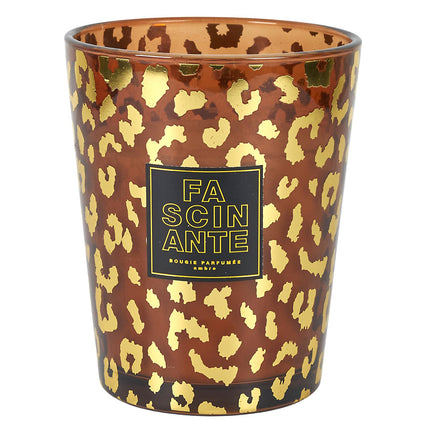 Aromātiskā svece “Leopard” stikla vāzē 16 cm – Sandalkoks, Pūderīgs aromāts & Ambra