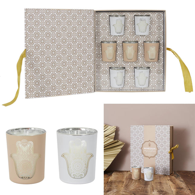 Sveču Dāvanu komplekts “Horizon Collection” – 7 dekoratīvās sveces ar Hamsa simbolu