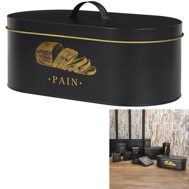 Metāla maizes trauks– melns ar zelta detaļām |