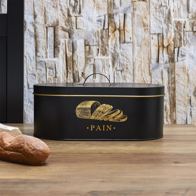 Metāla maizes trauks– melns ar zelta detaļām |