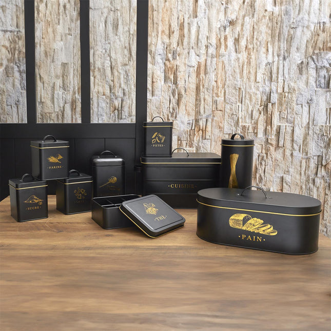 Metāla maizes trauks– melns ar zelta detaļām |