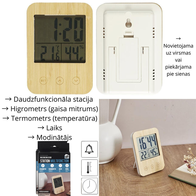 Daudzfunkcionāla digitālā stacija – temperatūra, mitrums, laiks un modinātājs