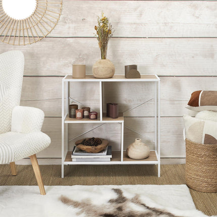 onsoles plaukts ar metāla rāmi un koka plauktiem