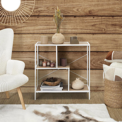 onsoles plaukts ar metāla rāmi un koka plauktiem