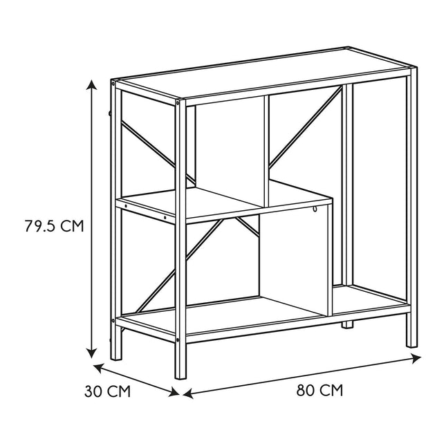 onsoles plaukts ar metāla rāmi un koka plauktiem