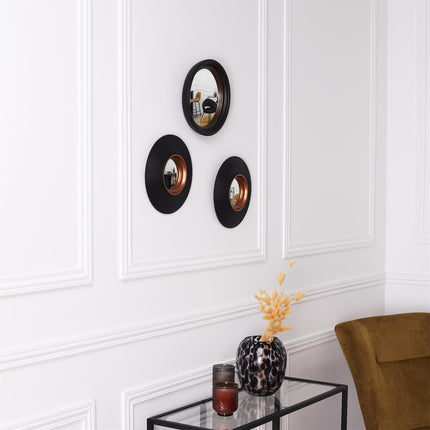 Dekoratīvo izliekto (konvekso) spoguļu komplekts ar melni–zelta rāmi (3 gab.)