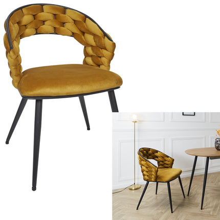 Samta krēsls zeltaini dzeltens – dizaina ēdamistabas krēsls ar pītu atzveltni
