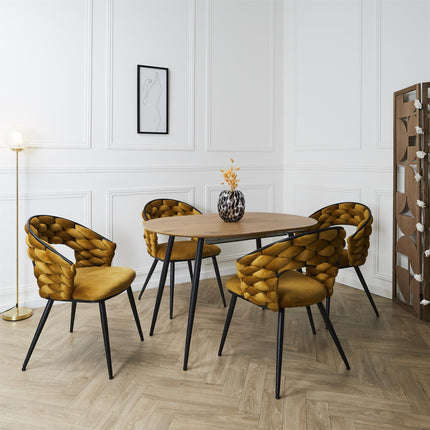 Samta krēsls zeltaini dzeltens – dizaina ēdamistabas krēsls ar pītu atzveltni