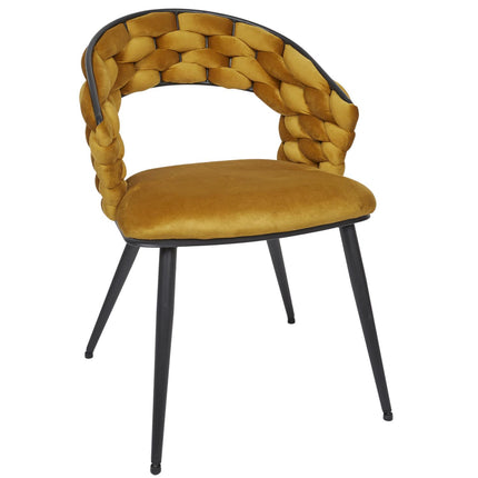 Samta krēsls zeltaini dzeltens – dizaina ēdamistabas krēsls ar pītu atzveltni