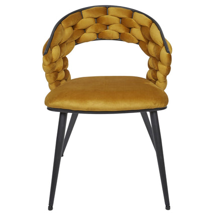Samta krēsls zeltaini dzeltens – dizaina ēdamistabas krēsls ar pītu atzveltni