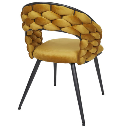 Samta krēsls zeltaini dzeltens – dizaina ēdamistabas krēsls ar pītu atzveltni