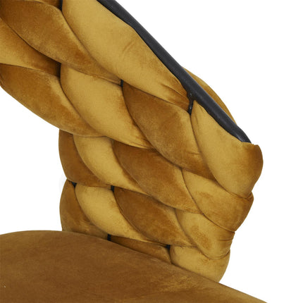 Samta krēsls zeltaini dzeltens – dizaina ēdamistabas krēsls ar pītu atzveltni