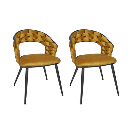 Samta krēsls zeltaini dzeltens – dizaina ēdamistabas krēsls ar pītu atzveltni