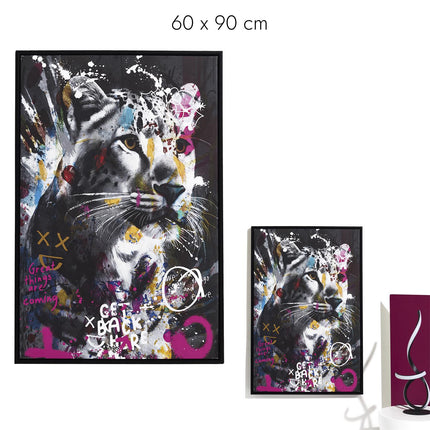 Krāsaina leoparda auduma glezna ar reljefu – 60x90 cm, melns rāmis