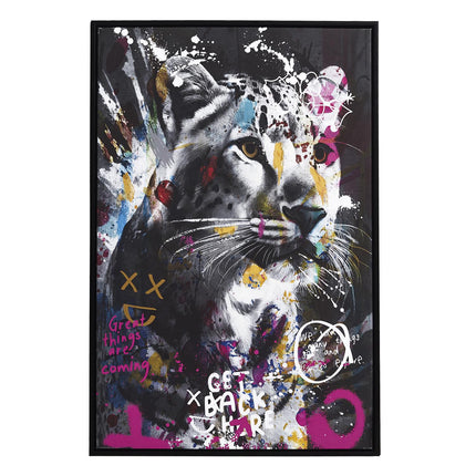 Krāsaina leoparda auduma glezna ar reljefu – 60x90 cm, melns rāmis