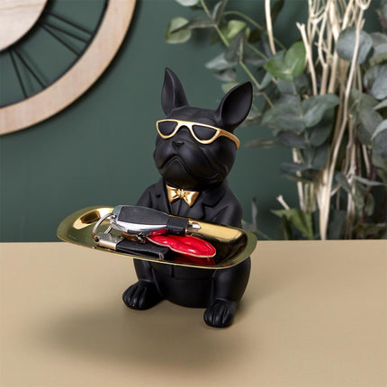 Dekoratīvs buldogs ar zelta paplāti