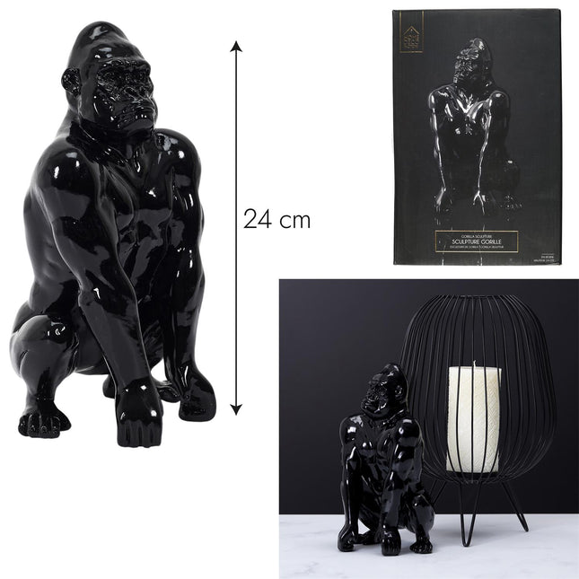 Dekoratīva gorillas figūra, melna, spīdīga, 24 cm