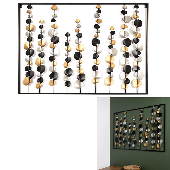 Metāla sienas dekors ar lapu stiebriem melnā, zelta un sudraba tonī, 100 × 70 cm
