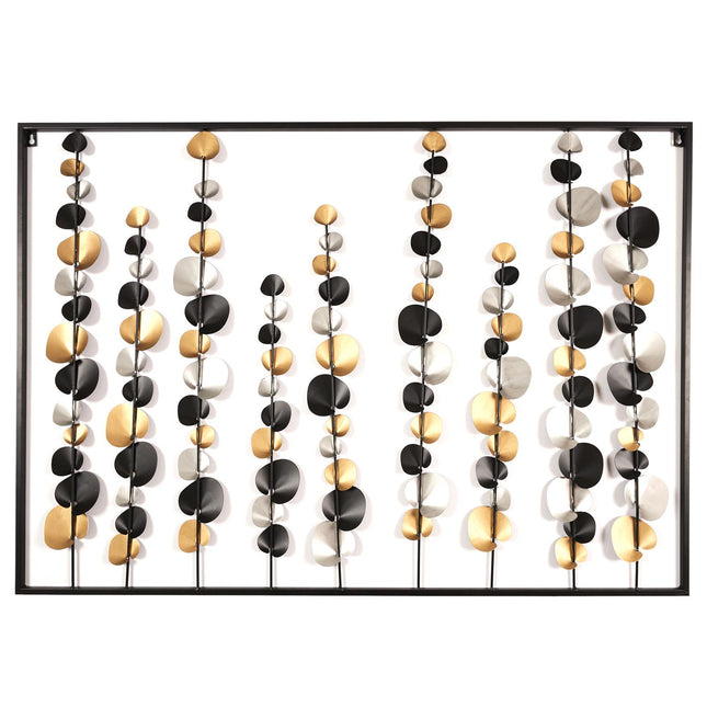 Metāla sienas dekors – melni, zeltaini un sudraboti lapu stiebri