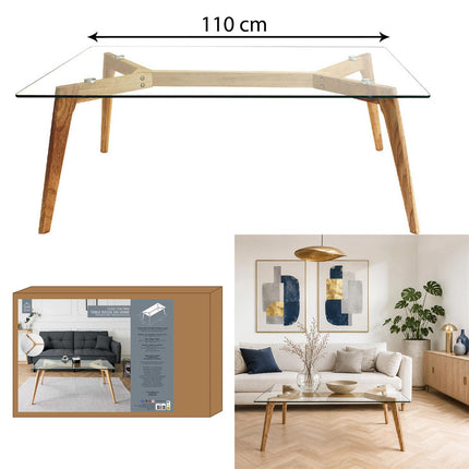 Karastatud klaaspinna ja puidust jalgadega kohvilaud, 110 × 60 cm